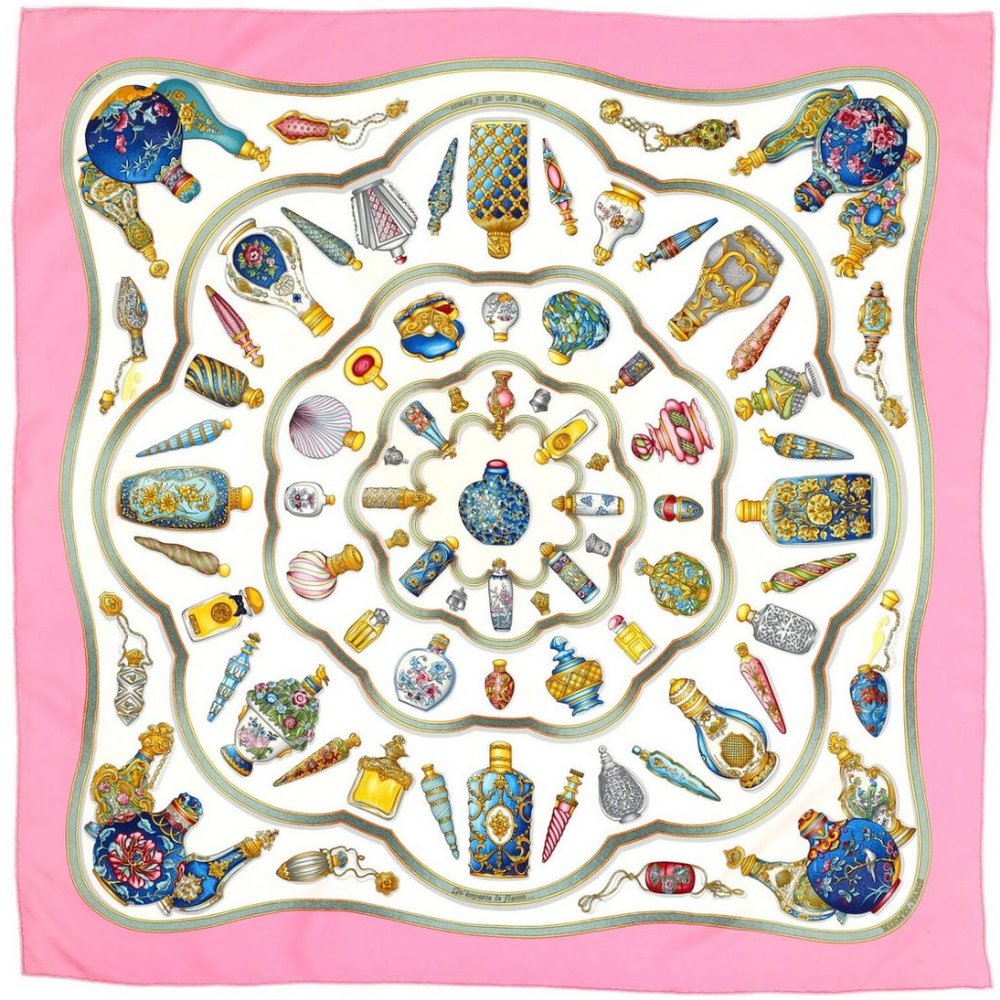 Auth HERMES Qu'Importe Le Flacons Perfume Flask Bottle Square Scarf Silk Soie